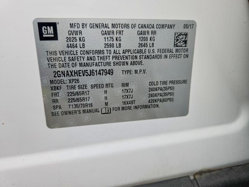 Aukcja sprzedaży 2018 Chevrolet Equinox, vin: 2GNAXHEV5J6147949, numer aukcji: 52043246