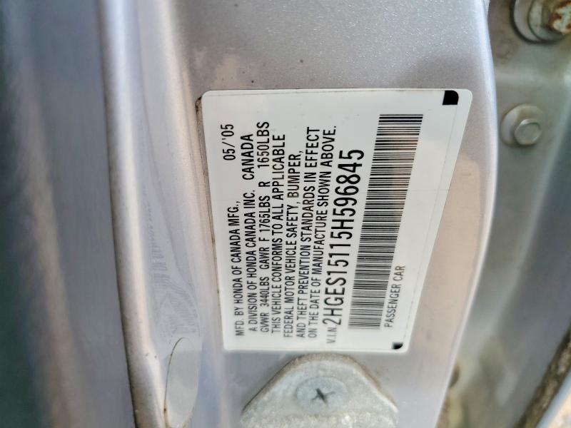 Aukcja sprzedaży 2005 Honda Civic, vin: 2HGES15115H596845, numer aukcji: 53907326