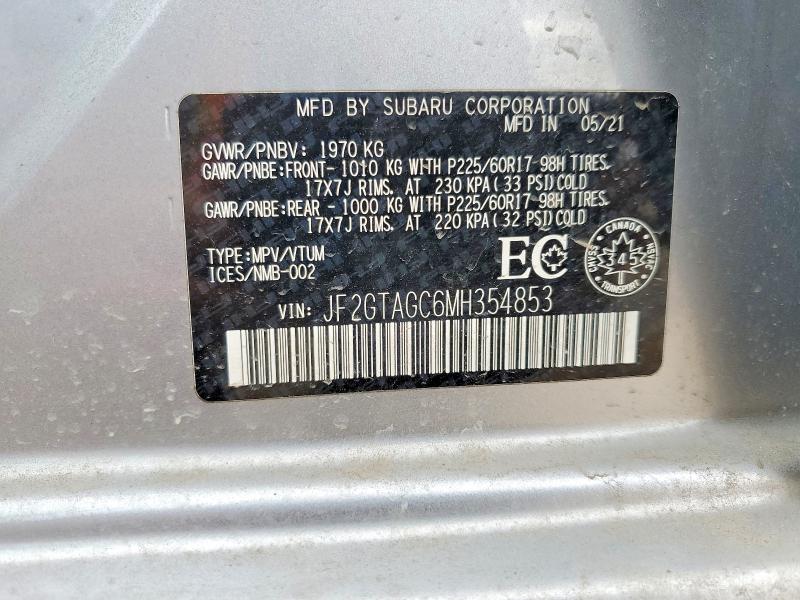 Aukcja sprzedaży 2021 Subaru Crosstrek, vin: JF2GTAGC6MH354853, numer aukcji: 52239326