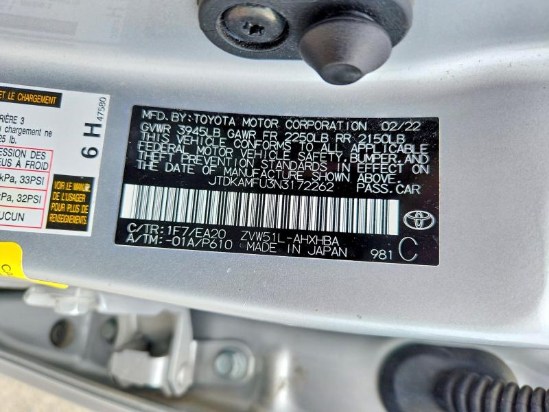 Aukcja sprzedaży 2022 Toyota Prius, vin: JTDKAMFU3N3172262, numer aukcji: 54007526