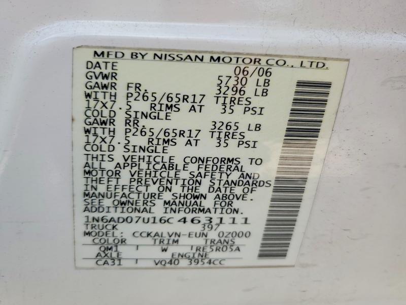 Auction sale of the 2006 Nissan Frontier, vin: 1N6AD07U16C463111, lot number: 55601276