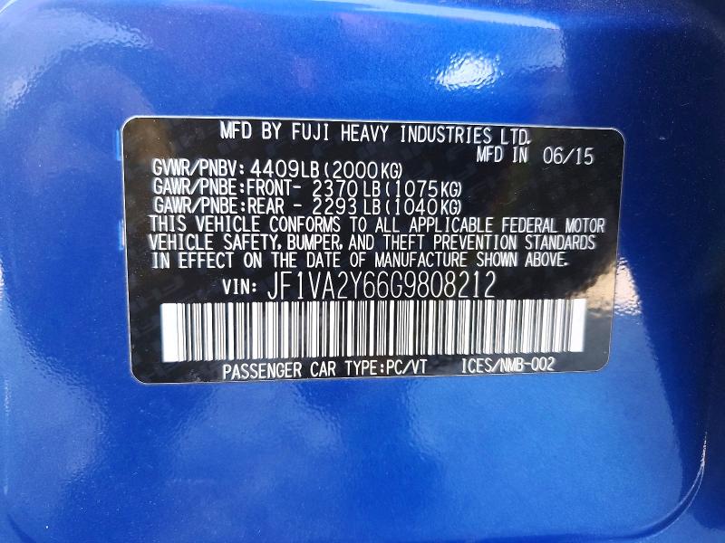 54467726 :رقم المزاد ، JF1VA2Y66G9808212 vin ، 2016 Subaru Wrx مزاد بيع