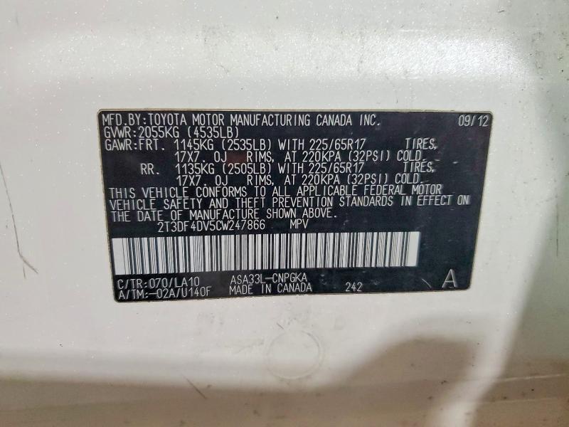 52140556 :رقم المزاد ، 2T3DF4DV5CW247866 vin ، 2012 Toyota Rav4 مزاد بيع