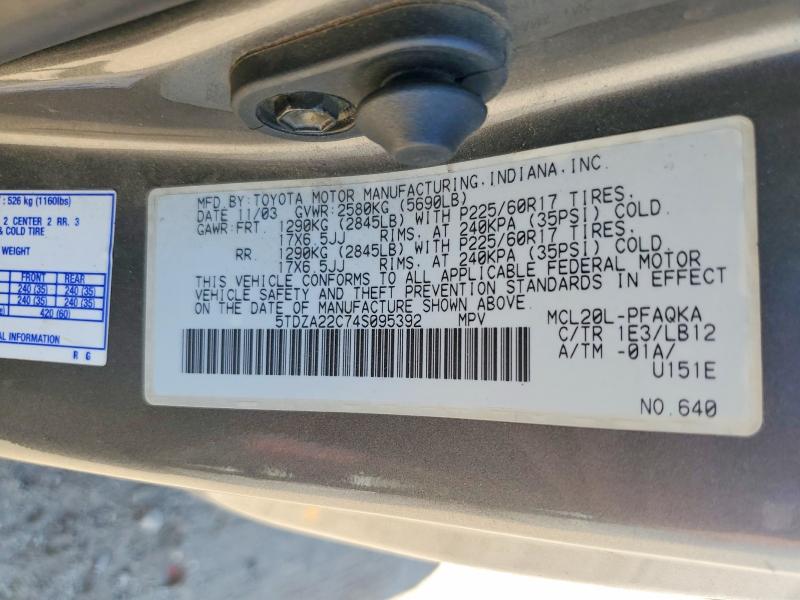 2004 Toyota Sienna მანქანა იყიდება აუქციონზე, vin: 5TDZA22C74S095392, აუქციონის ნომერი: 52884436