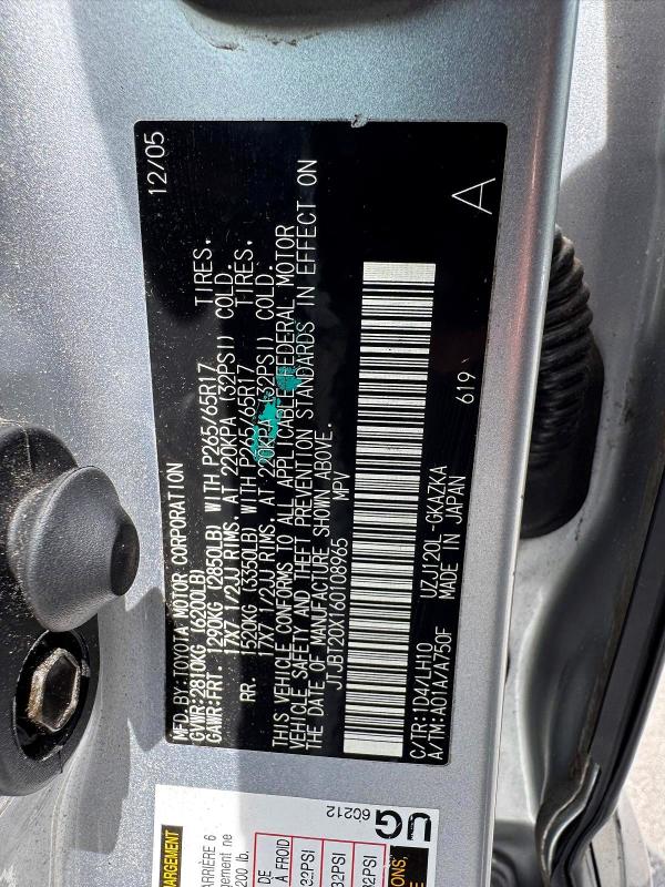 2006 Lexus Gx მანქანა იყიდება აუქციონზე, vin: JTJBT20X160108965, აუქციონის ნომერი: 55188236