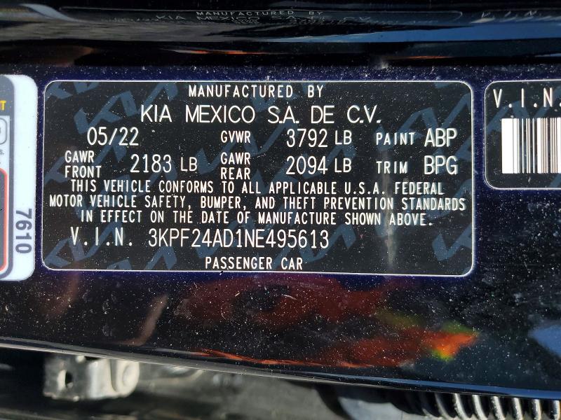 52244326 :رقم المزاد ، 3KPF24AD1NE495613 vin ، 2022 Kia Forte مزاد بيع
