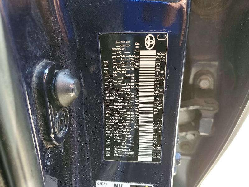 Aukcja sprzedaży 2021 Toyota Corolla, vin: 5YFEPMAE1MP238681, numer aukcji: 54728076