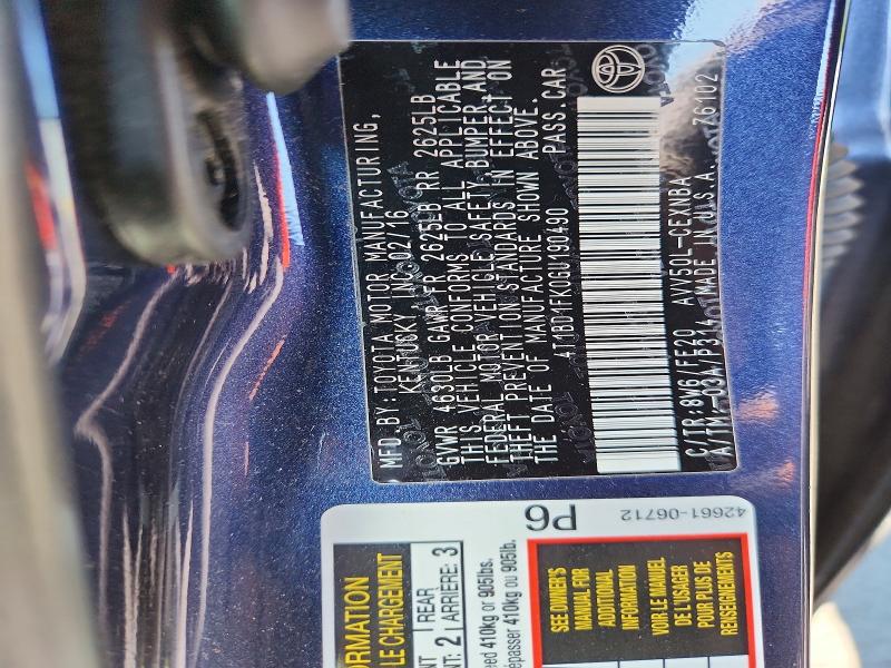 54812916 :رقم المزاد ، 4T1BD1FK0GU190490 vin ، 2016 Toyota Camry Hybrid مزاد بيع