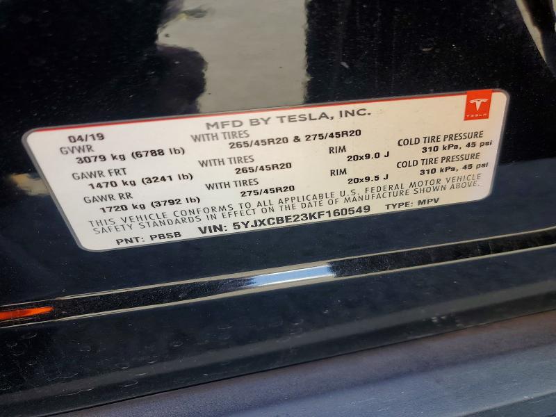 2019 Tesla Model X მანქანა იყიდება აუქციონზე, vin: 5YJXCBE23KF160549, აუქციონის ნომერი: 53057766