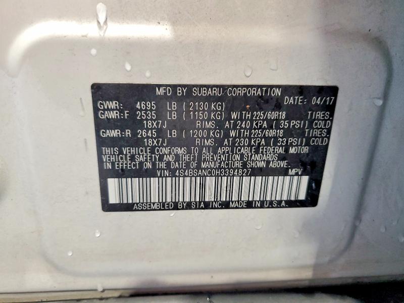 Aukcja sprzedaży 2017 Subaru Outback, vin: 4S4BSANC0H3394827, numer aukcji: 55522676