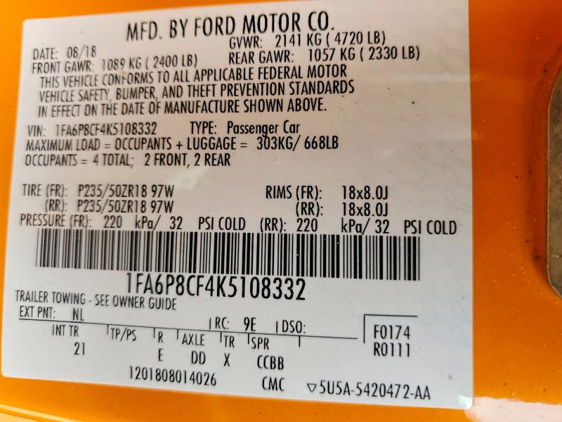 2019 Ford Mustang მანქანა იყიდება აუქციონზე, vin: 1FA6P8CF4K5108332, აუქციონის ნომერი: 53351836