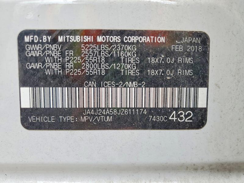 2018 Mitsubishi Outlander მანქანა იყიდება აუქციონზე, vin: JA4J24A58JZ611174, აუქციონის ნომერი: 51009316