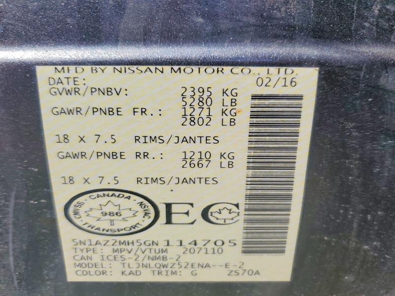 Aukcja sprzedaży 2016 Nissan Murano, vin: 5N1AZ2MH5GN114705, numer aukcji: 52894446
