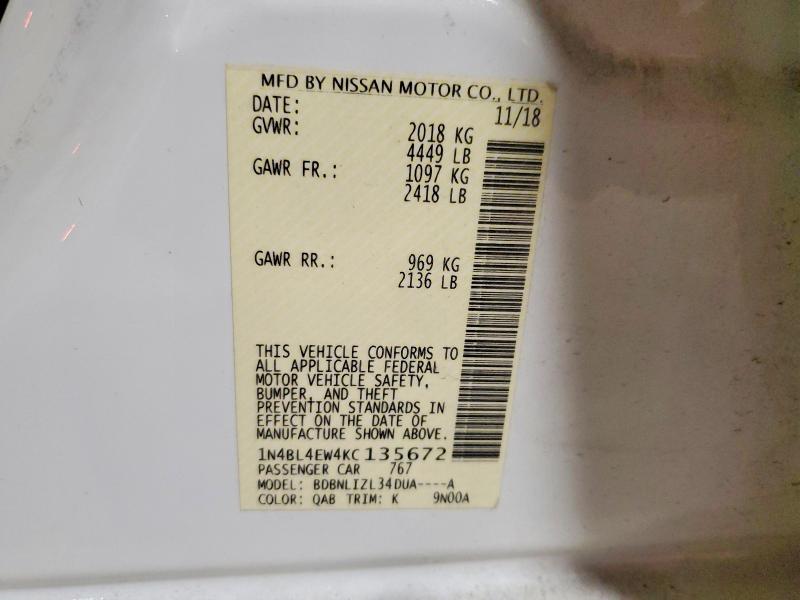Продаж на аукціоні авто 2019 Nissan Altima, vin: 1N4BL4EW4KC135672, номер лоту: 54048796