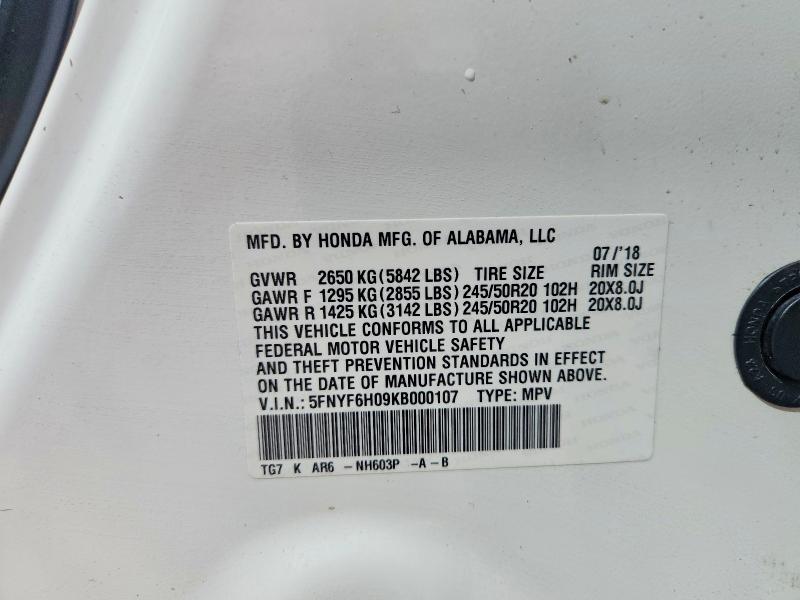Продаж на аукціоні авто 2019 Honda Pilot, vin: 5FNYF6H09KB000107, номер лоту: 54507416