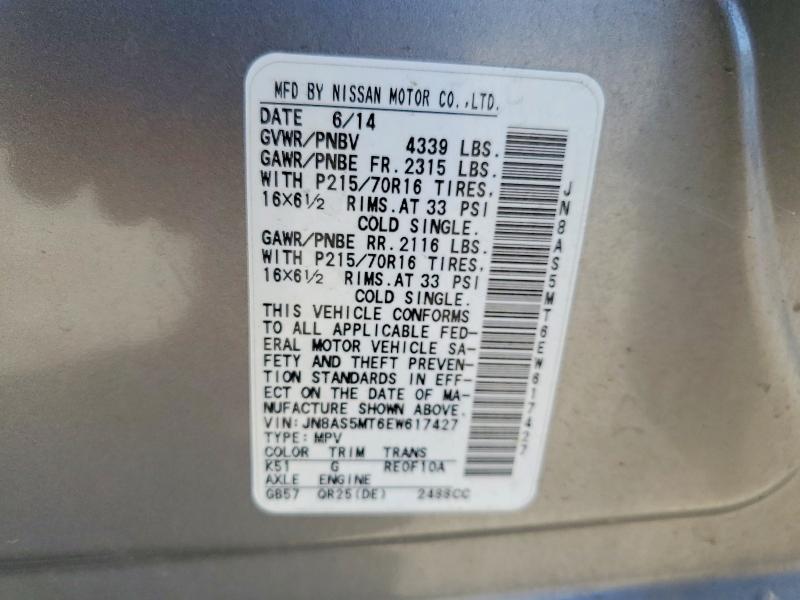 54328166 :رقم المزاد ، JN8AS5MT6EW617427 vin ، 2014 Nissan Rogue Select مزاد بيع