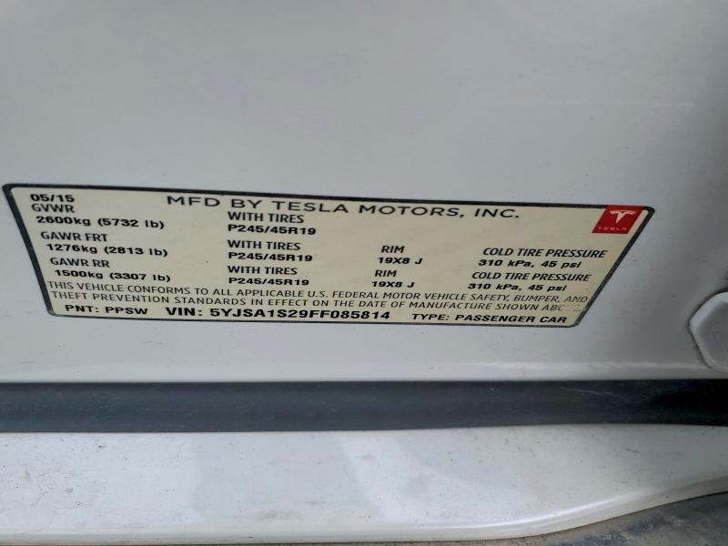 52258526 :رقم المزاد ، 5YJSA1S29FF085814 vin ، 2015 Tesla Model S مزاد بيع