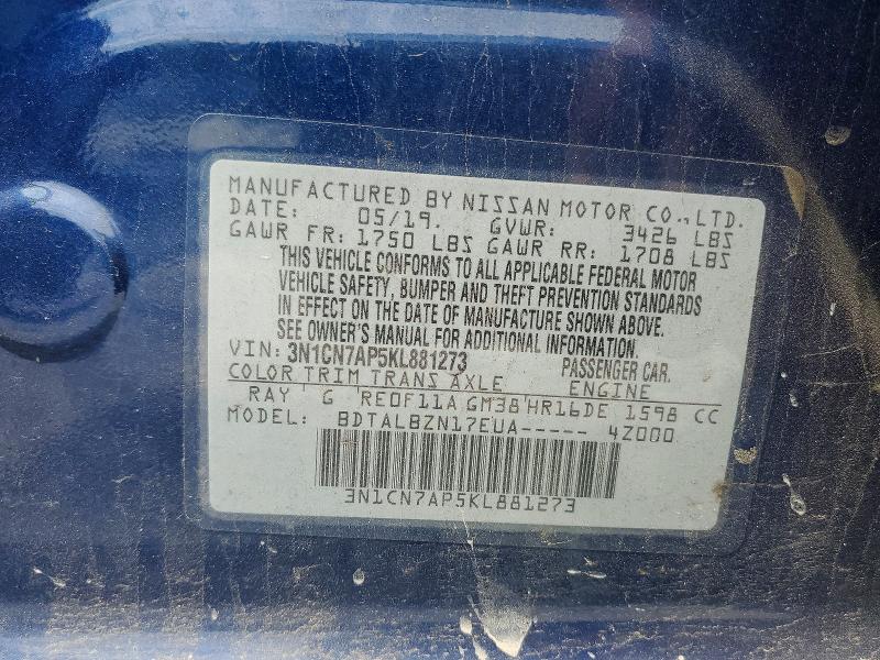 2019 Nissan Versa მანქანა იყიდება აუქციონზე, vin: 3N1CN7AP5KL881273, აუქციონის ნომერი: 52095026