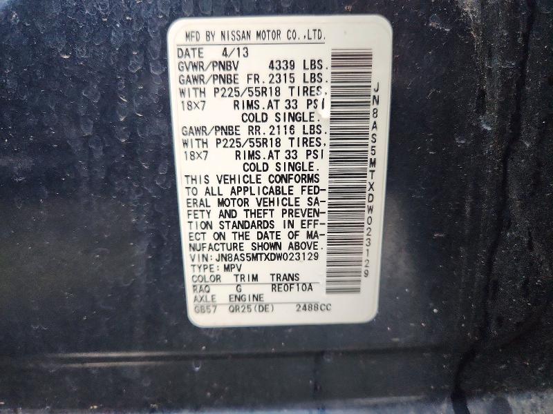 52074206 :رقم المزاد ، JN8AS5MTXDW023129 vin ، 2013 Nissan Rogue مزاد بيع