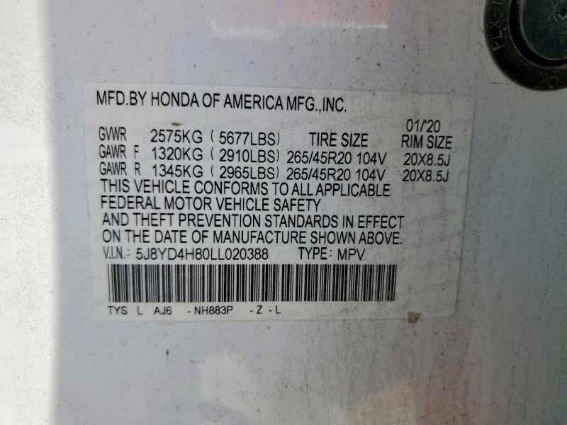 54792836 :رقم المزاد ، 5J8YD4H80LL020388 vin ، 2020 Acura Mdx مزاد بيع