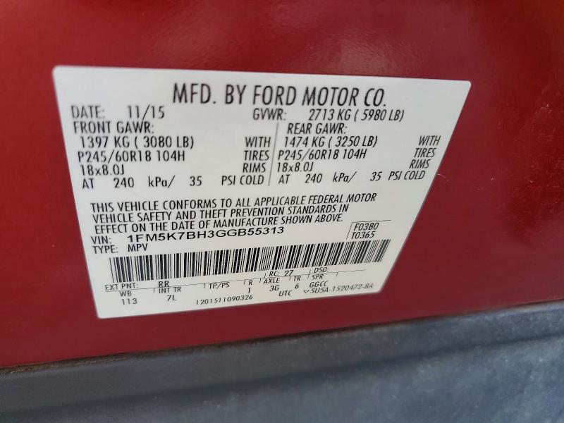 2016 Ford Explorer მანქანა იყიდება აუქციონზე, vin: 1FM5K7BH3GGB55313, აუქციონის ნომერი: 54291876