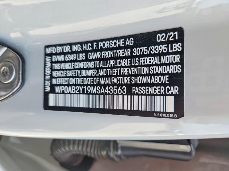 2021 Porsche Taycan მანქანა იყიდება აუქციონზე, vin: WP0AB2Y19MSA43563, აუქციონის ნომერი: 54974266