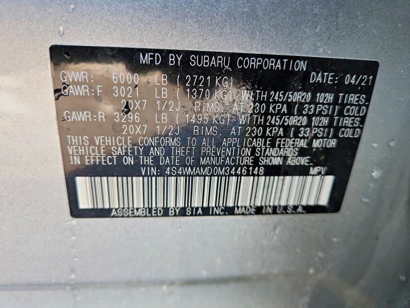 Продаж на аукціоні авто 2021 Subaru Ascent, vin: 4S4WMAMD0M3446148, номер лоту: 53092726