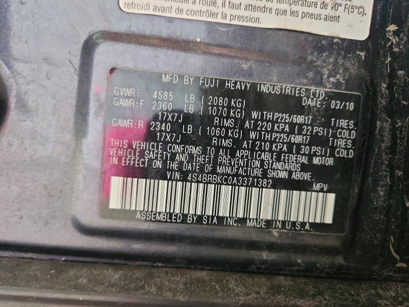 2010 Subaru Outback მანქანა იყიდება აუქციონზე, vin: 4S4BRBKC0A3371382, აუქციონის ნომერი: 52668246