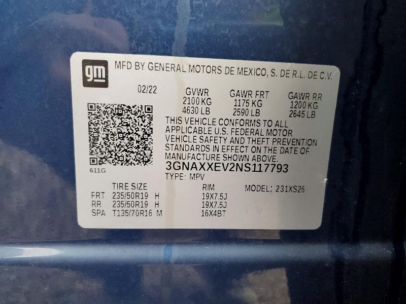 Продаж на аукціоні авто 2022 Chevrolet Equinox, vin: 3GNAXXEV2NS117793, номер лоту: 53267236