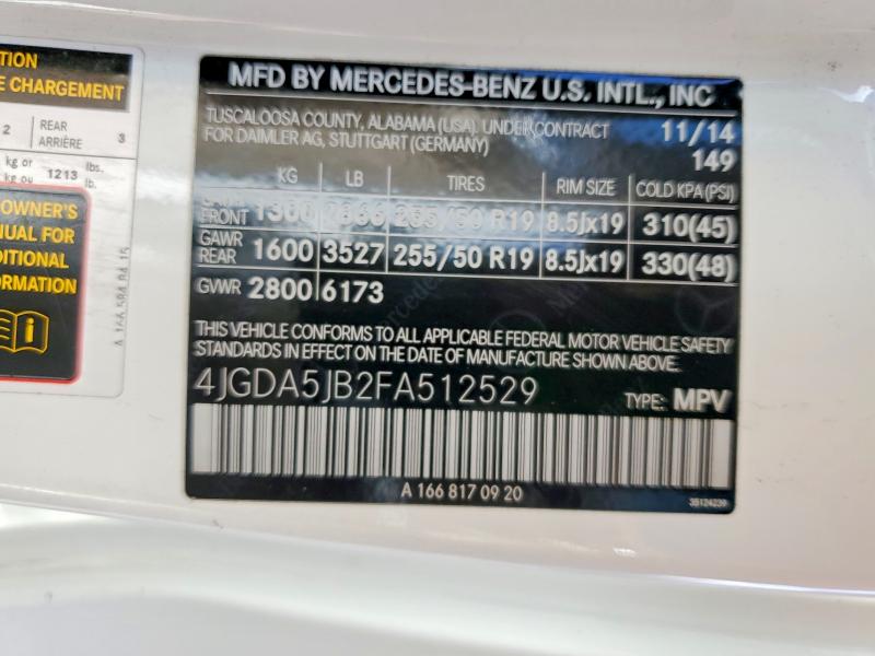 Auction sale of the 2015 Mercedes-benz Ml, vin: 4JGDA5JB2FA512529, lot number: 52327116