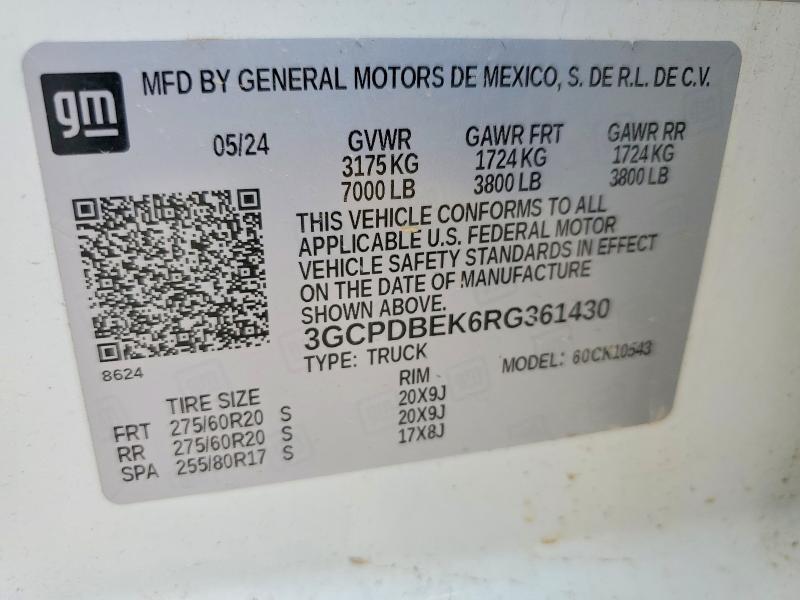Aukcja sprzedaży 2024 Chevrolet Silverado, vin: 3GCPDBEK6RG361430, numer aukcji: 60510046