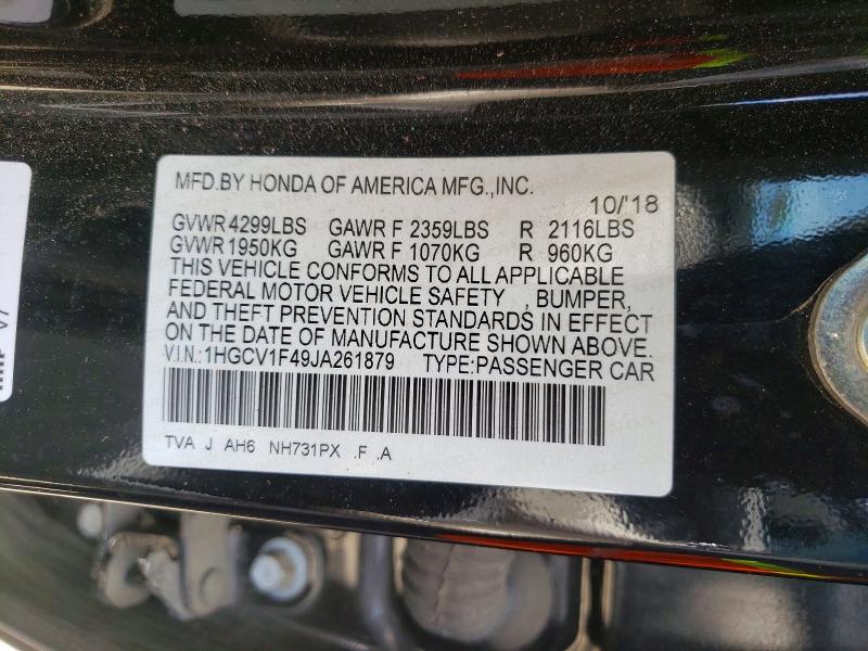 2018 Honda Accord მანქანა იყიდება აუქციონზე, vin: 1HGCV1F49JA261879, აუქციონის ნომერი: 52203376