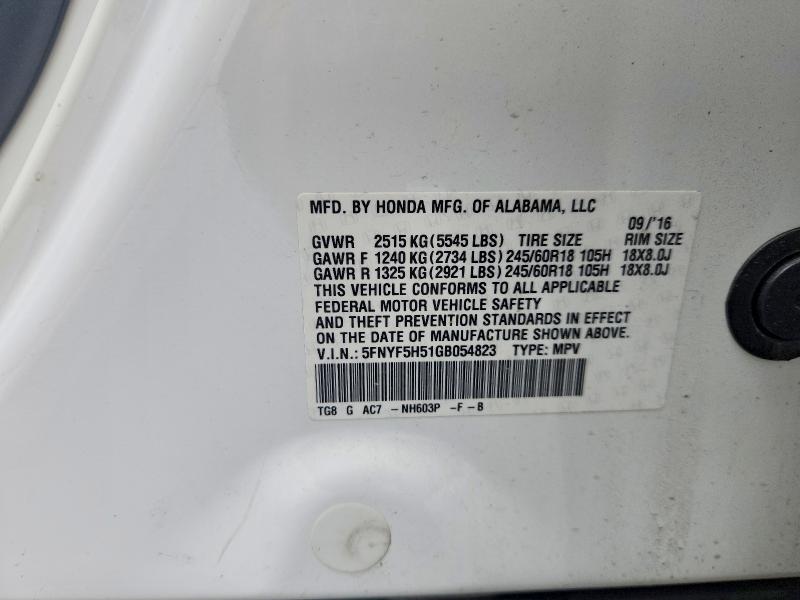 54497506 :رقم المزاد ، 5FNYF5H51GB054823 vin ، 2016 Honda Pilot مزاد بيع