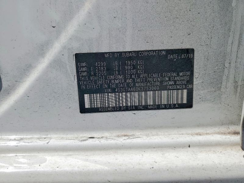 2019 Subaru Impreza მანქანა იყიდება აუქციონზე, vin: 4S3GTAA60K3753060, აუქციონის ნომერი: 54456696