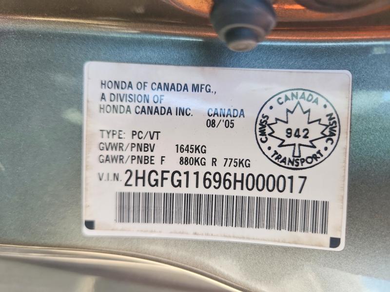 54415566 :رقم المزاد ، 2HGFG11696H000017 vin ، 2006 Honda Civic مزاد بيع