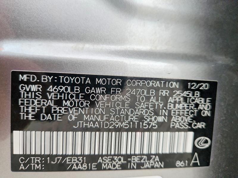 Aukcja sprzedaży 2021 Lexus Is, vin: JTHAA1D29M5111575, numer aukcji: 54475516