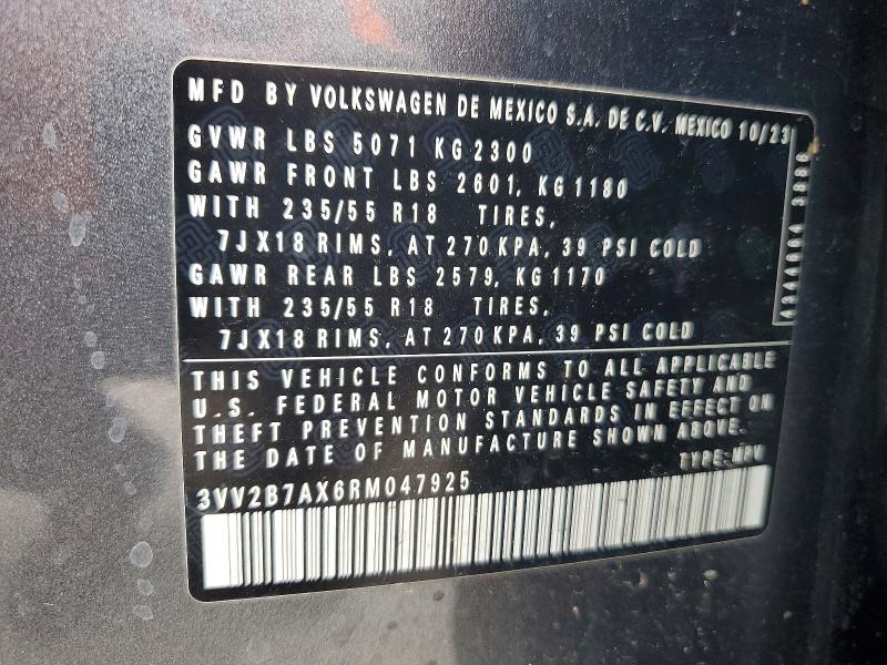 2024 Volkswagen Tiguan მანქანა იყიდება აუქციონზე, vin: 3VV2B7AX6RM047925, აუქციონის ნომერი: 52185686
