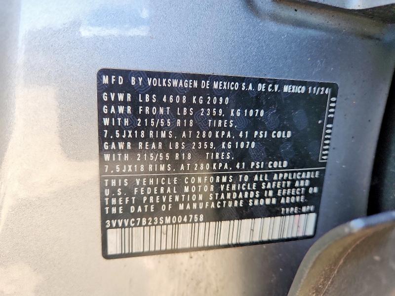 2025 Volkswagen Taos მანქანა იყიდება აუქციონზე, vin: 3VVVC7B23SM004758, აუქციონის ნომერი: 55570636