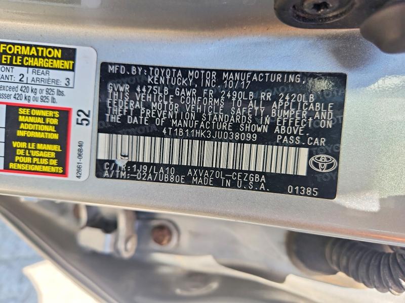 Продаж на аукціоні авто 2018 Toyota Camry, vin: 4T1B11HK3JU038099, номер лоту: 53877236