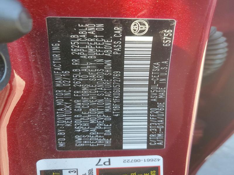 Aukcja sprzedaży 2016 Toyota Camry, vin: 4T1BF1FK0GU572769, numer aukcji: 52297756
