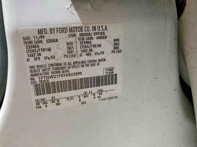 54281576 :رقم المزاد ، 1FTNW21F0YEB43290 vin ، 2000 Ford F250 مزاد بيع