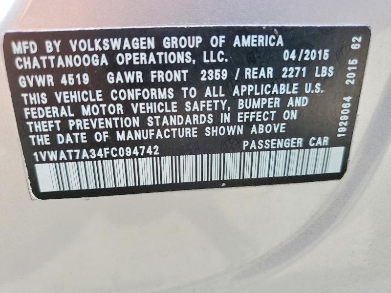 54252286 :رقم المزاد ، 1VWAT7A34FC094742 vin ، 2015 Volkswagen Passat مزاد بيع