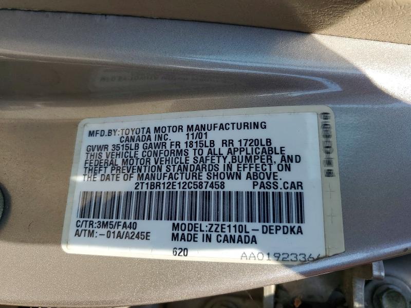 54301246 :رقم المزاد ، 2T1BR12E12C587458 vin ، 2002 Toyota Corolla مزاد بيع