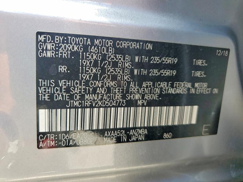 Aukcja sprzedaży 2019 Toyota Rav4, vin: JTMC1RFV2KD504773, numer aukcji: 54260866