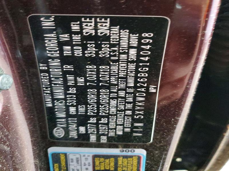 Продаж на аукціоні авто 2011 Kia Sorento, vin: 5XYKWDA26BG140498, номер лоту: 52321686
