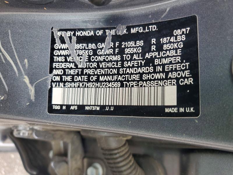 52590776 :رقم المزاد ، SHHFK7H92HU234569 vin ، 2017 Honda Civic مزاد بيع