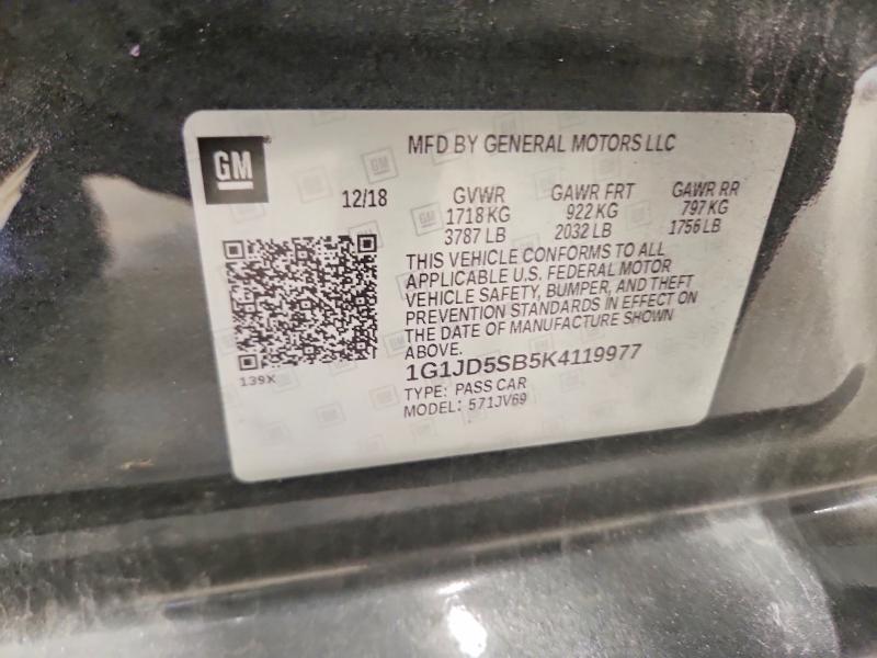 2019 Chevrolet Sonic მანქანა იყიდება აუქციონზე, vin: 1G1JD5SB5K4119977, აუქციონის ნომერი: 53407706