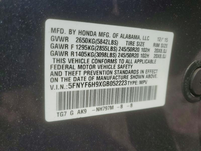 Продажа на аукционе авто 2016 Honda Pilot, vin: 5FNYF6H9XGB052223, номер лота: 53982986