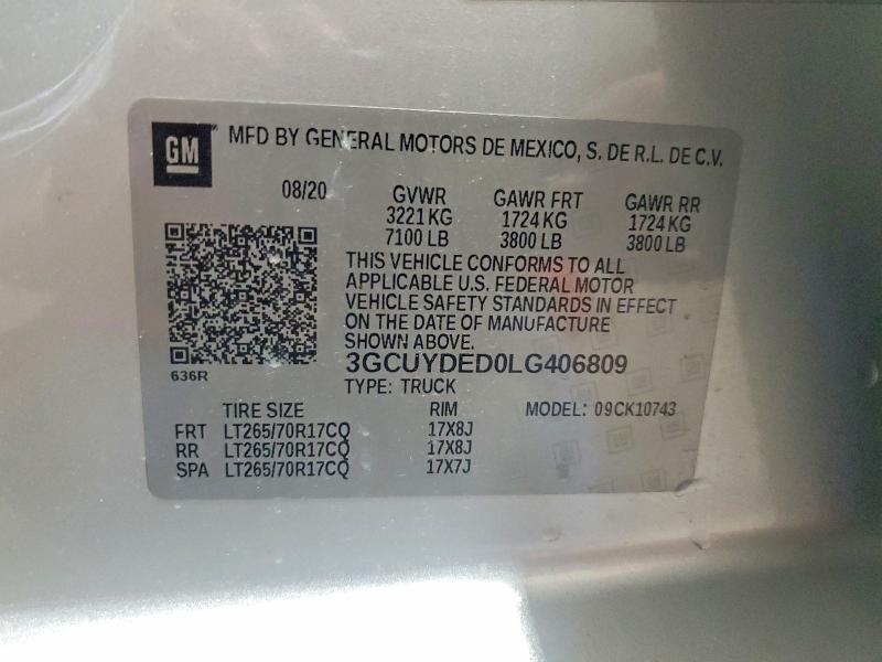 Aukcja sprzedaży 2020 Chevrolet Silverado, vin: 3GCUYDED0LG406809, numer aukcji: 52494896