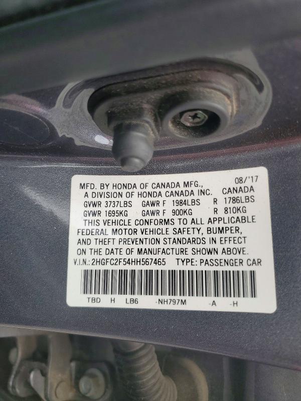 54545946 :رقم المزاد ، 2HGFC2F54HH567465 vin ، 2017 Honda Civic مزاد بيع